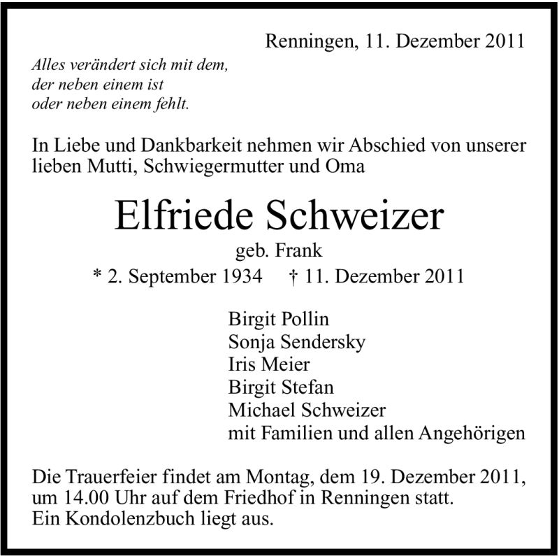  Traueranzeige für Elfriede Schweizer vom 15.12.2011 aus Leonberger Kreiszeitung / Strohgäu Extra