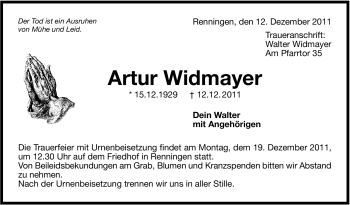 Traueranzeige von Artur Widmayer von Leonberger Kreiszeitung / Strohgäu Extra