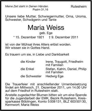 Traueranzeige von Maria Weiss von Leonberger Kreiszeitung / Strohgäu Extra