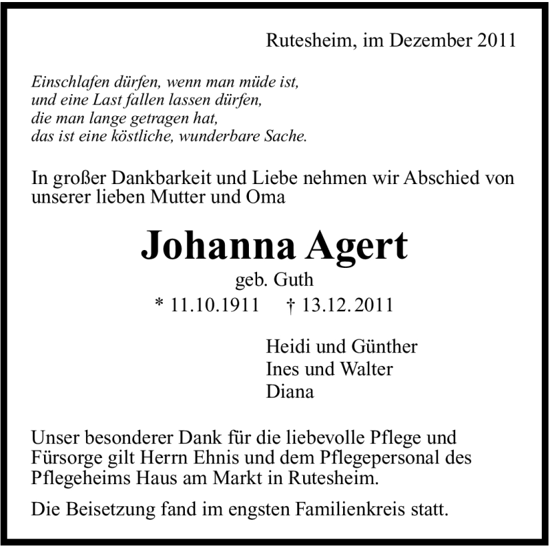  Traueranzeige für Johanna Agert vom 21.12.2011 aus Leonberger Kreiszeitung / Strohgäu Extra