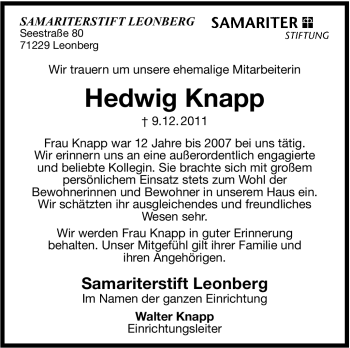 Traueranzeige von Hedwig Knapp von Leonberger Kreiszeitung / Strohgäu Extra
