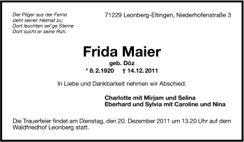 Traueranzeige von Frida Maier von Leonberger Kreiszeitung / Strohgäu Extra