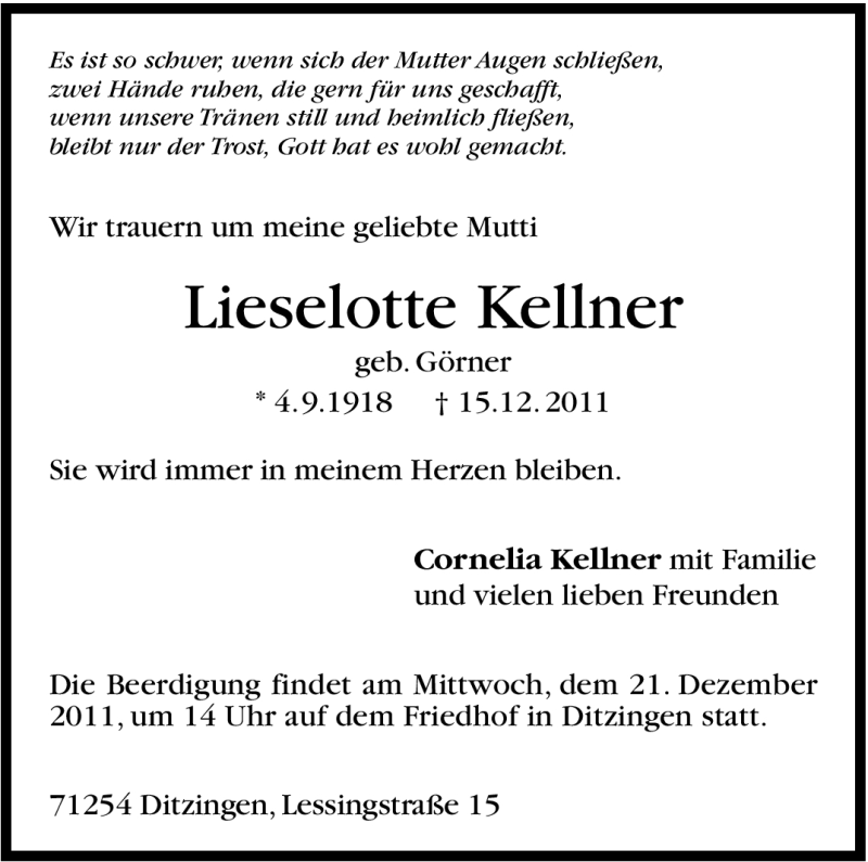  Traueranzeige für Lieselotte Kellner vom 17.12.2011 aus Leonberger Kreiszeitung / Strohgäu Extra