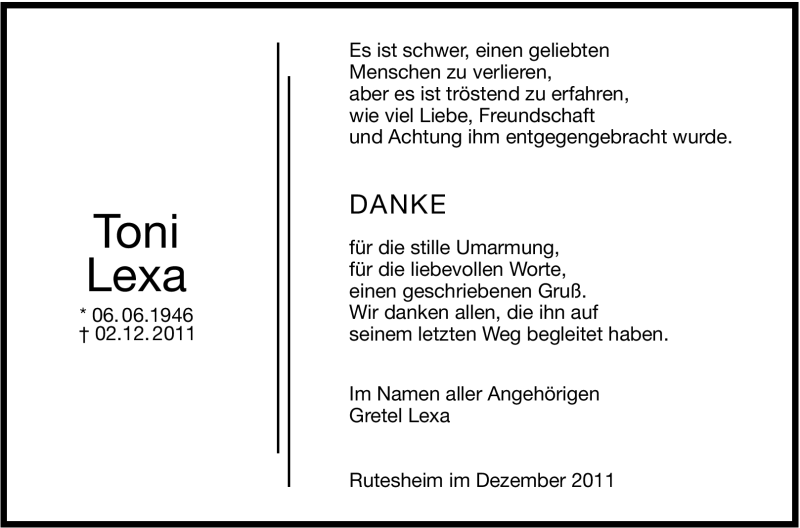  Traueranzeige für Antonin Lexa vom 19.12.2011 aus Leonberger Kreiszeitung / Strohgäu Extra