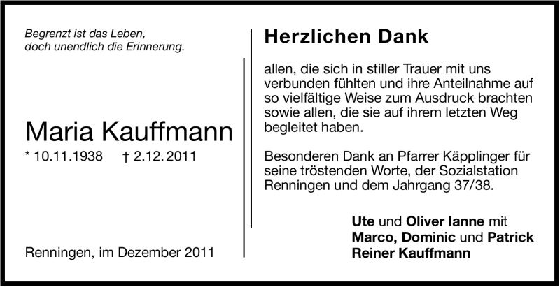  Traueranzeige für Maria Kauffmann vom 15.12.2011 aus Leonberger Kreiszeitung / Strohgäu Extra