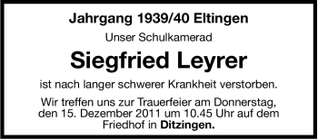 Traueranzeige von Siegfried Leyrer von Leonberger Kreiszeitung / Strohgäu Extra