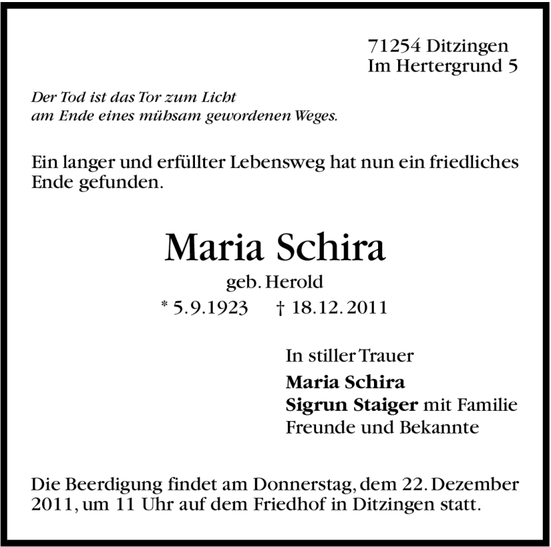  Traueranzeige für Maria Schira vom 20.12.2011 aus Leonberger Kreiszeitung / Strohgäu Extra