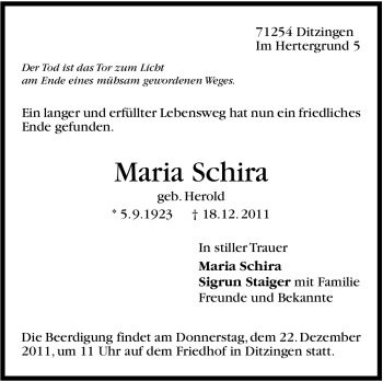Traueranzeige von Maria Schira von Leonberger Kreiszeitung / Strohgäu Extra