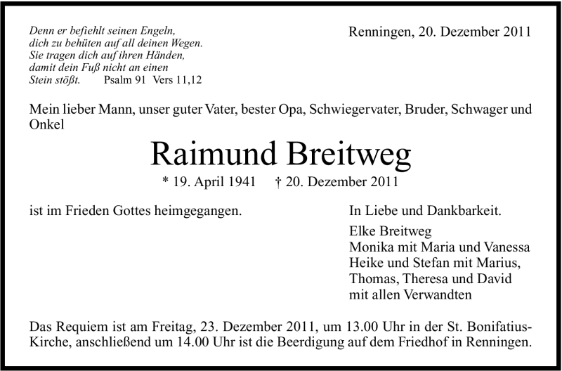  Traueranzeige für Raimund Breitweg vom 22.12.2011 aus Leonberger Kreiszeitung / Strohgäu Extra