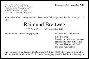 Traueranzeige von Raimund Breitweg von Leonberger Kreiszeitung / Strohgäu Extra