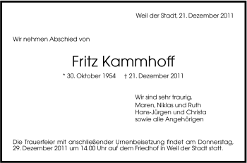 Traueranzeige von Fritz Kammhof von Leonberger Kreiszeitung / Strohgäu Extra
