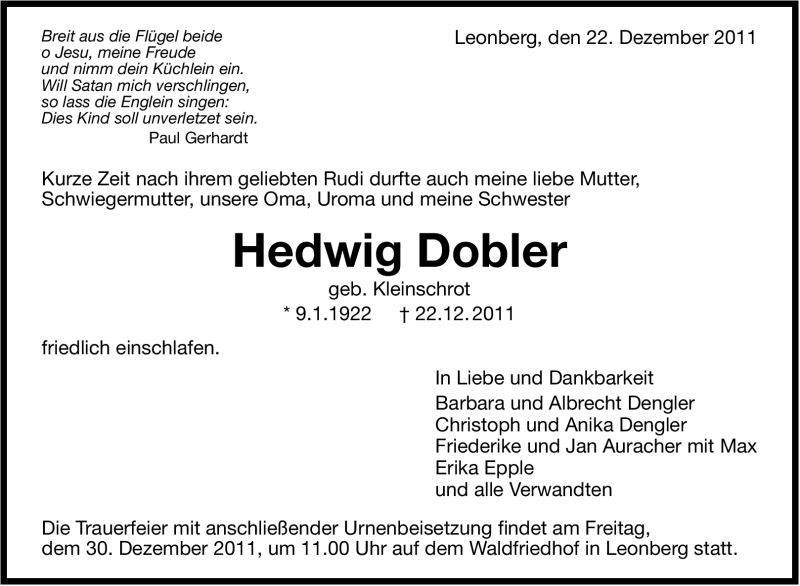  Traueranzeige für Hedwig Dobler vom 24.12.2011 aus Leonberger Kreiszeitung / Strohgäu Extra