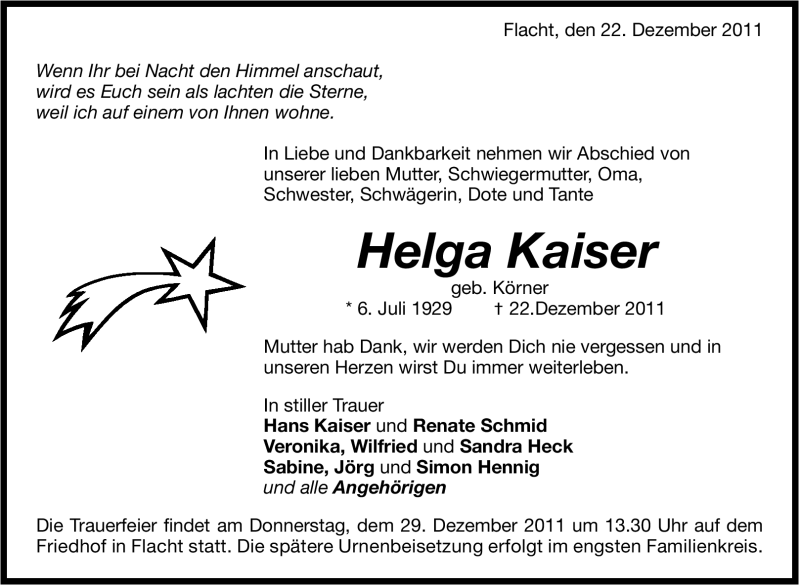  Traueranzeige für Helga Kaiser vom 24.12.2011 aus Stuttgarter Zeitung / Stuttgarter Nachrichten