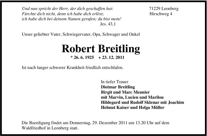  Traueranzeige für Robert Breitling vom 24.12.2011 aus Leonberger Kreiszeitung / Strohgäu Extra