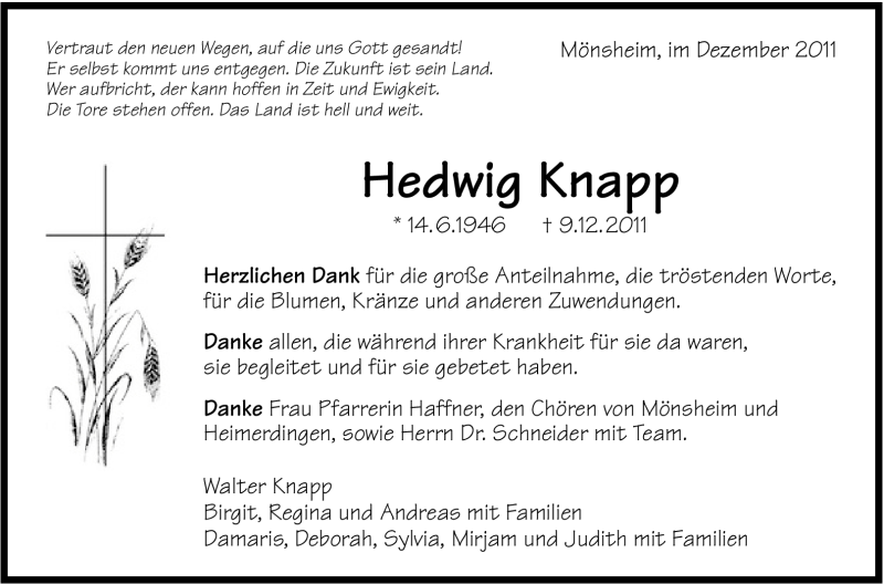  Traueranzeige für Hedwig Knapp vom 21.12.2011 aus Leonberger Kreiszeitung / Strohgäu Extra