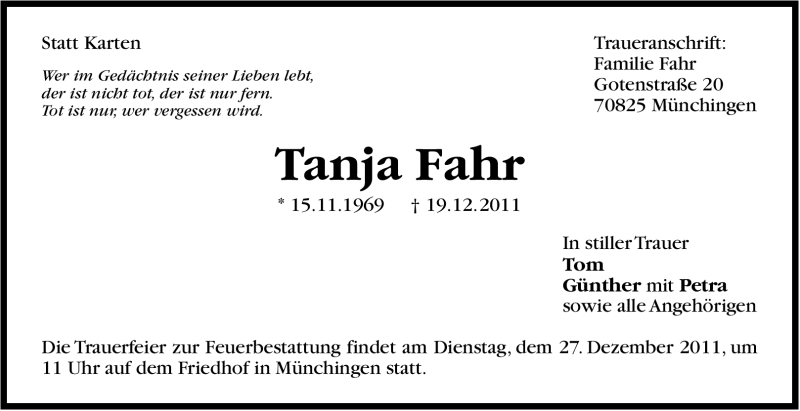  Traueranzeige für Tanja Fahr vom 22.12.2011 aus Stuttgarter Zeitung / Stuttgarter Nachrichten