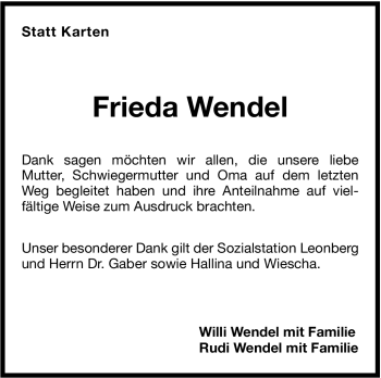 Traueranzeige von Frieda Wendel von Leonberger Kreiszeitung / Strohgäu Extra