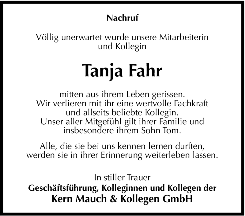  Traueranzeige für Tanja Fahr vom 23.12.2011 aus Stuttgarter Zeitung / Stuttgarter Nachrichten