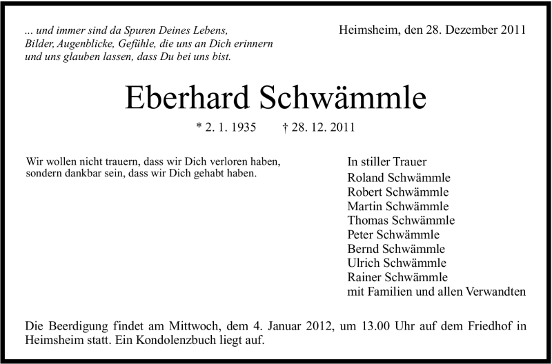  Traueranzeige für Eberhard Schwämmle vom 02.01.2012 aus Leonberger Kreiszeitung / Strohgäu Extra