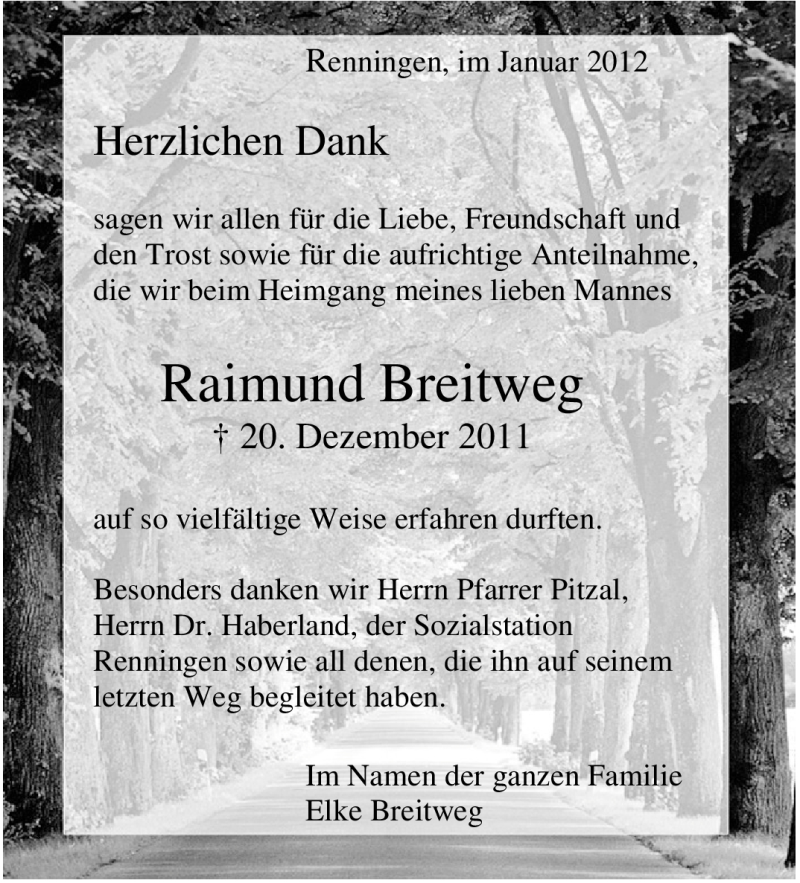  Traueranzeige für Raimund Breitweg vom 11.01.2012 aus Leonberger Kreiszeitung / Strohgäu Extra
