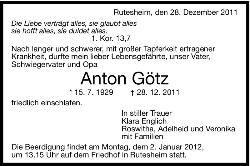  Traueranzeige für Anton Götz vom 30.12.2011 aus Leonberger Kreiszeitung / Strohgäu Extra