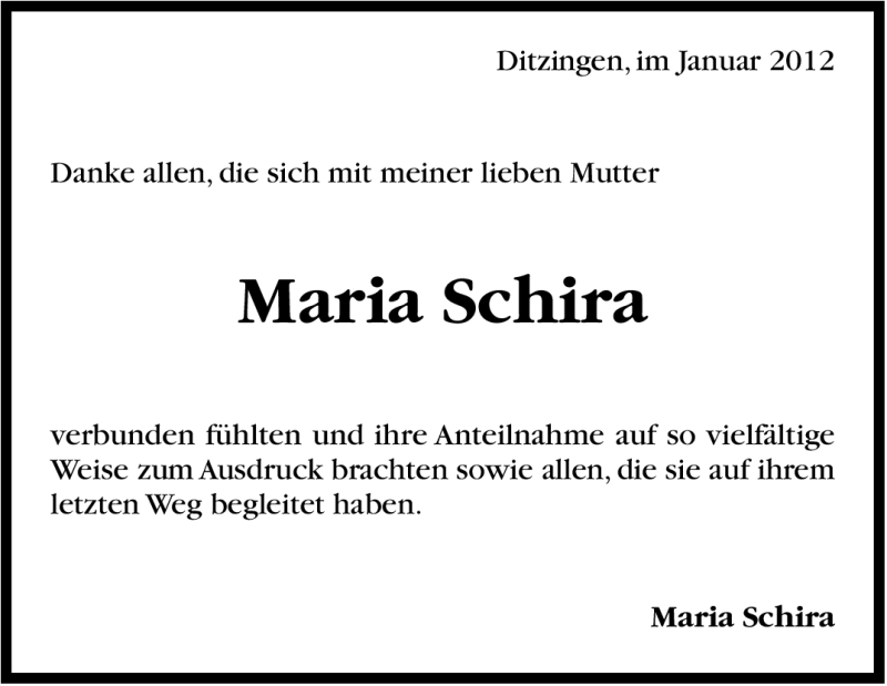  Traueranzeige für Maria Schira vom 02.01.2012 aus Leonberger Kreiszeitung / Strohgäu Extra
