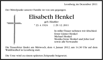Traueranzeige von Elisabeth Henkel von Leonberger Kreiszeitung / Strohgäu Extra