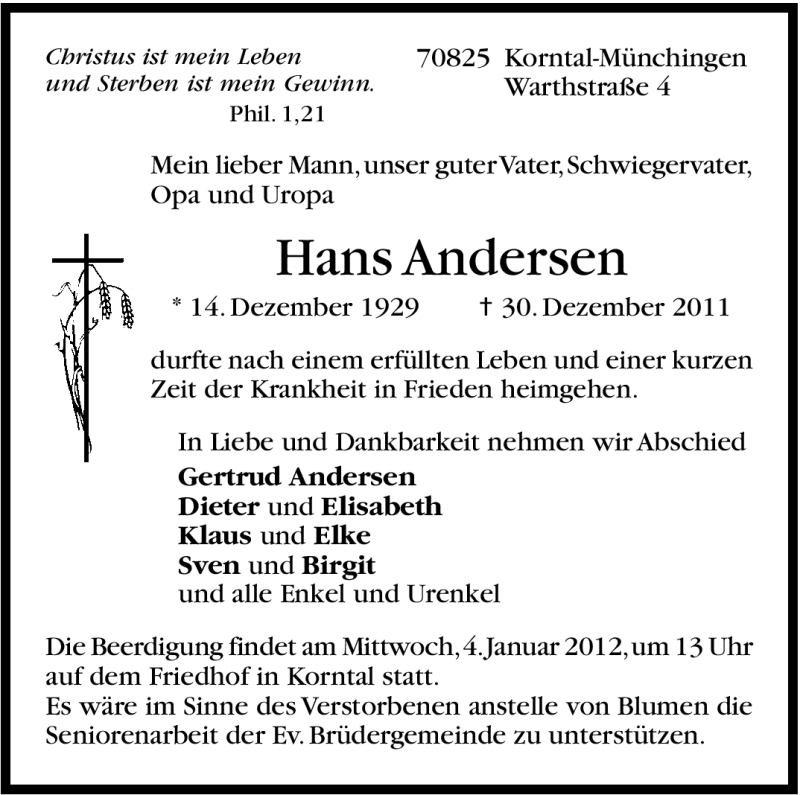  Traueranzeige für Hans Andersen vom 02.01.2012 aus Leonberger Kreiszeitung / Strohgäu Extra