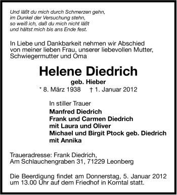 Traueranzeige von Helene Diedrich von Leonberger Kreiszeitung / Strohgäu Extra