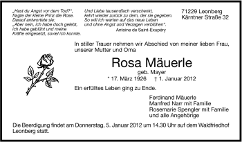 Traueranzeige von Rosa Mäuerle von Leonberger Kreiszeitung / Strohgäu Extra