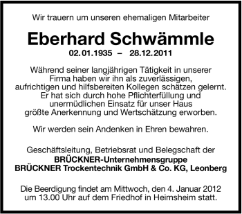 Traueranzeige von Eberhard Schwämmle von Leonberger Kreiszeitung / Strohgäu Extra