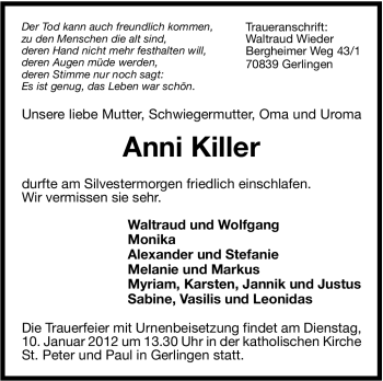 Traueranzeige von Anni Killer von Leonberger Kreiszeitung / Strohgäu Extra