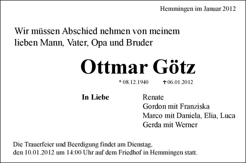  Traueranzeige für Ottmar Götz vom 09.01.2012 aus Leonberger Kreiszeitung / Strohgäu Extra