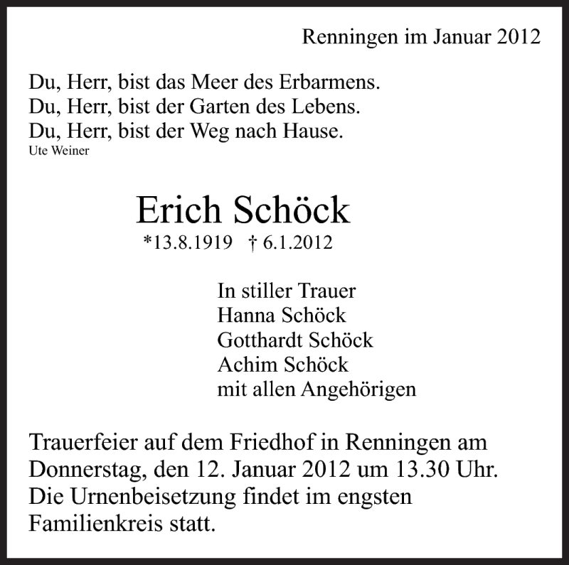  Traueranzeige für Erich Schöck vom 09.01.2012 aus Leonberger Kreiszeitung / Strohgäu Extra