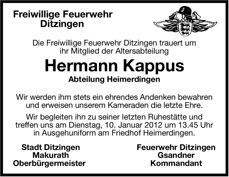  Traueranzeige für Hermann Kappus vom 09.01.2012 aus Leonberger Kreiszeitung / Strohgäu Extra