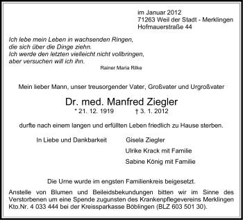 Traueranzeige von Manfred Ziegler von Leonberger Kreiszeitung / Strohgäu Extra