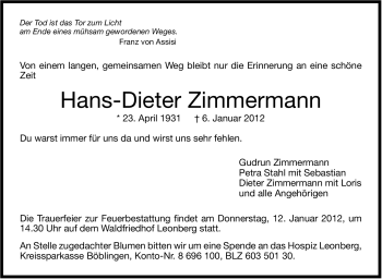 Traueranzeige von Hans-Dieter Zimmermann von Leonberger Kreiszeitung / Strohgäu Extra