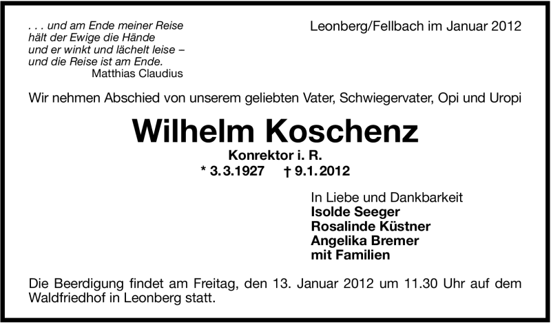  Traueranzeige für Wilhelm Koschenz vom 11.01.2012 aus Leonberger Kreiszeitung / Strohgäu Extra