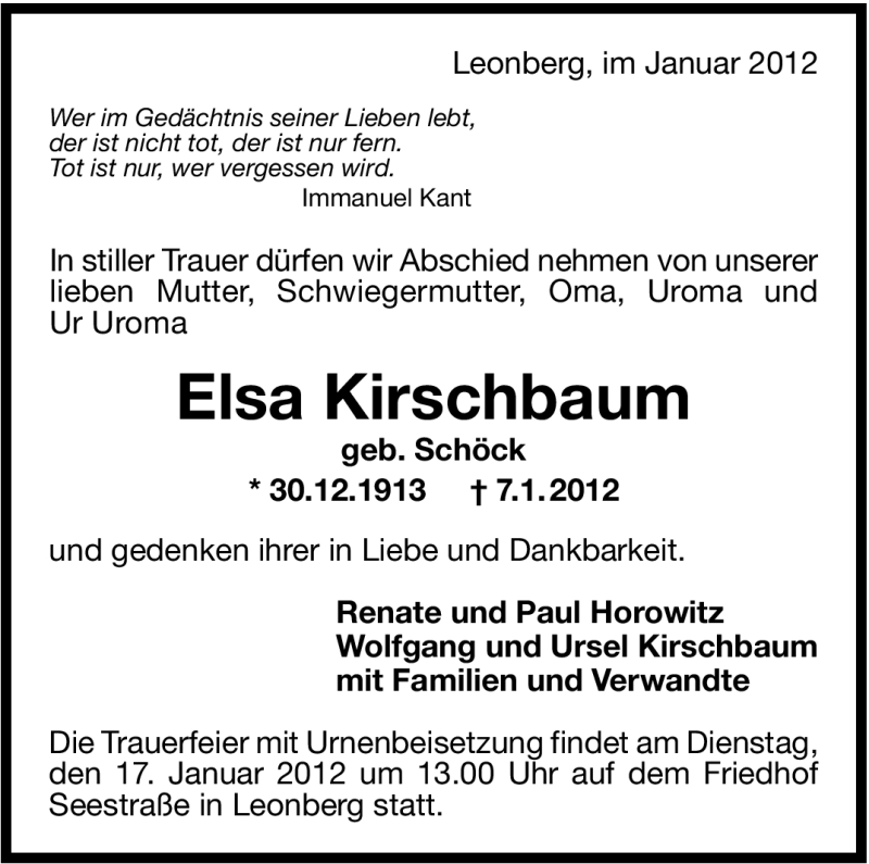  Traueranzeige für Elsa Kirschbaum vom 14.01.2012 aus Leonberger Kreiszeitung / Strohgäu Extra