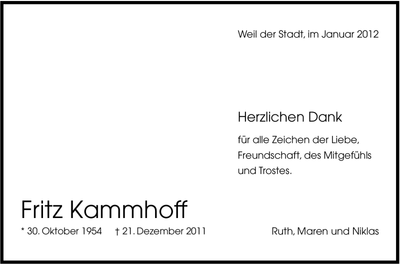  Traueranzeige für Fritz Kammhoff vom 14.01.2012 aus Leonberger Kreiszeitung / Strohgäu Extra