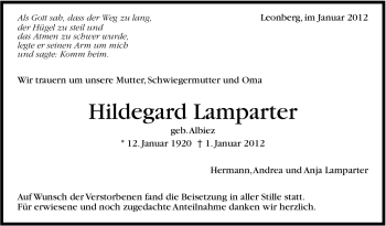 Traueranzeige von Hildegard Lamparter von Leonberger Kreiszeitung / Strohgäu Extra