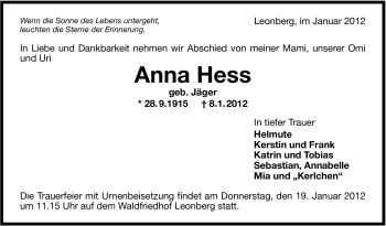 Traueranzeige von Anna Hess von Leonberger Kreiszeitung / Strohgäu Extra
