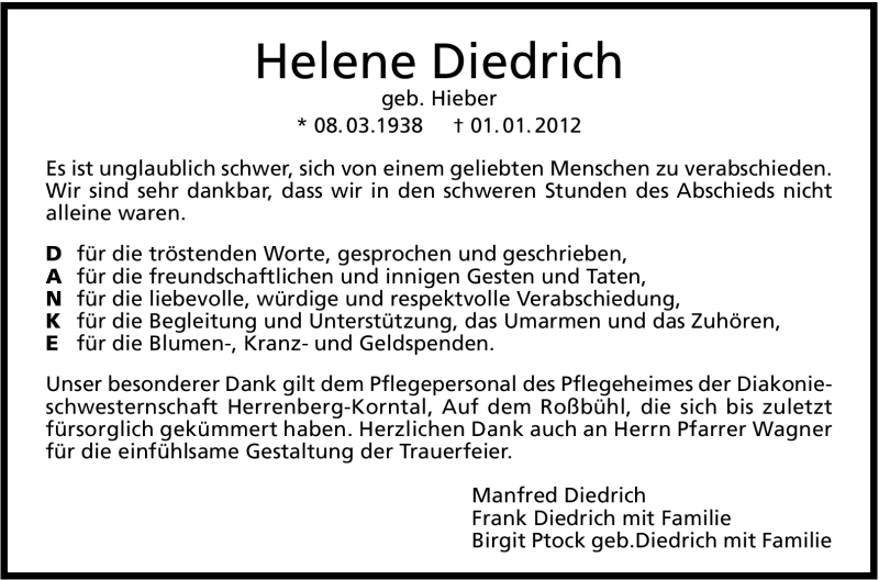  Traueranzeige für Helene Diedrich vom 19.01.2012 aus Leonberger Kreiszeitung / Strohgäu Extra