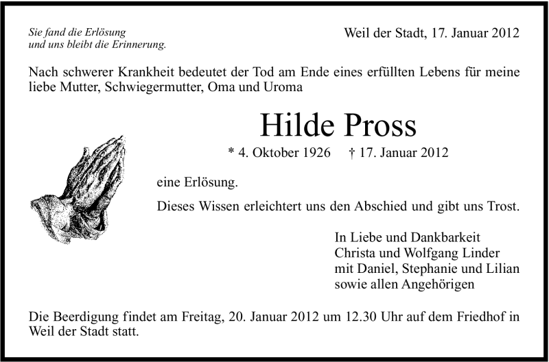  Traueranzeige für Hilde Pross vom 18.01.2012 aus Leonberger Kreiszeitung / Strohgäu Extra