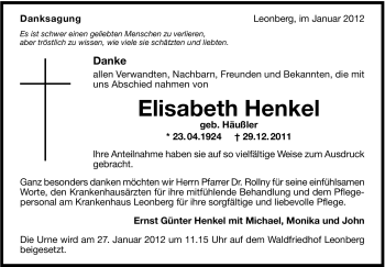 Traueranzeige von Elisabeth Henkel von Leonberger Kreiszeitung / Strohgäu Extra