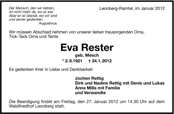 Traueranzeige von Eva Rester von Leonberger Kreiszeitung / Strohgäu Extra
