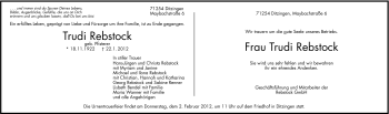 Traueranzeige von Trudi Rebstock von Leonberger Kreiszeitung / Strohgäu Extra
