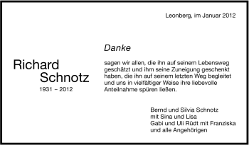 Traueranzeige von Richard Schnotz von Leonberger Kreiszeitung / Strohgäu Extra
