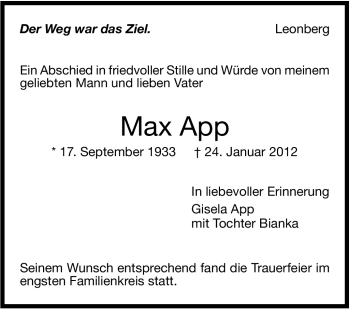 Traueranzeige von Max App von Leonberger Kreiszeitung / Strohgäu Extra