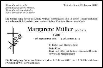 Traueranzeige von Margarete Müller von Stuttgarter Zeitung / Stuttgarter Nachrichten